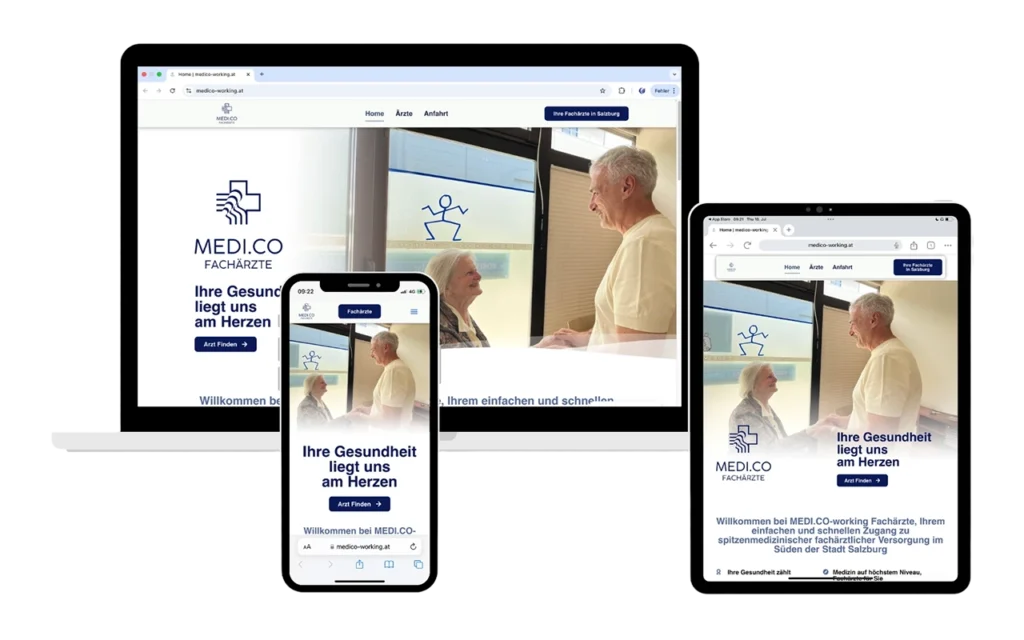 Responsive Website von MEDI.CO Fachärzte auf Laptop, Smartphone und Tablet – modernes Webdesign für eine medizinische Gemeinschaftspraxis mit Fokus auf Gesundheit und Menschlichkeit.