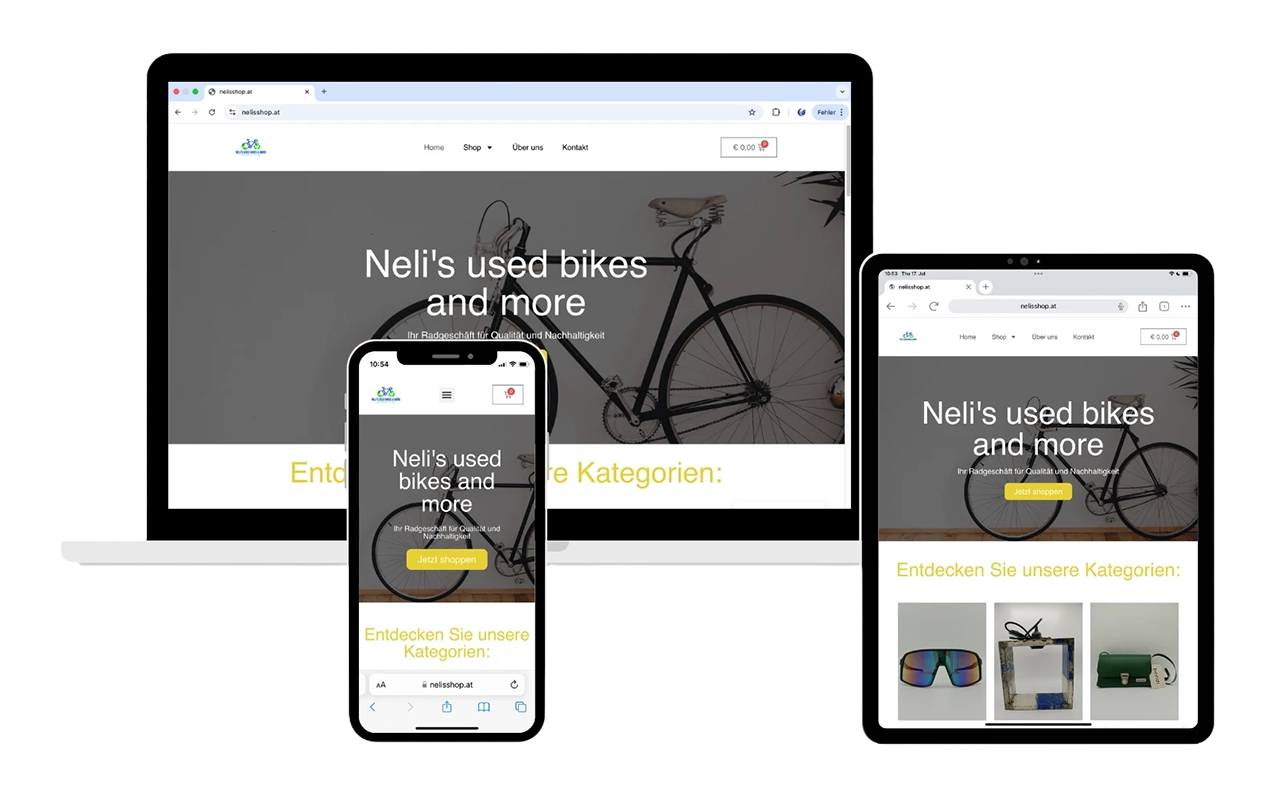Responsive Onlineshop von Neli’s used bikes and more auf Laptop, Smartphone und Tablet – nachhaltiger Webshop für gebrauchte Fahrräder und umweltfreundliche Produkte.