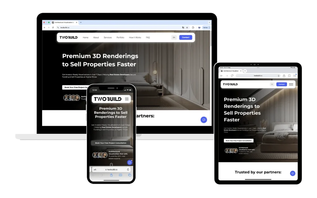 Responsive Website von TwoBuild auf Laptop, Smartphone und Tablet – modernes Webdesign für 3D-Renderings im Immobilienbereich.