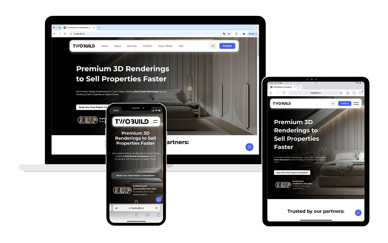 Responsive Website von TwoBuild auf Laptop, Smartphone und Tablet – modernes Webdesign für 3D-Renderings im Immobilienbereich.
