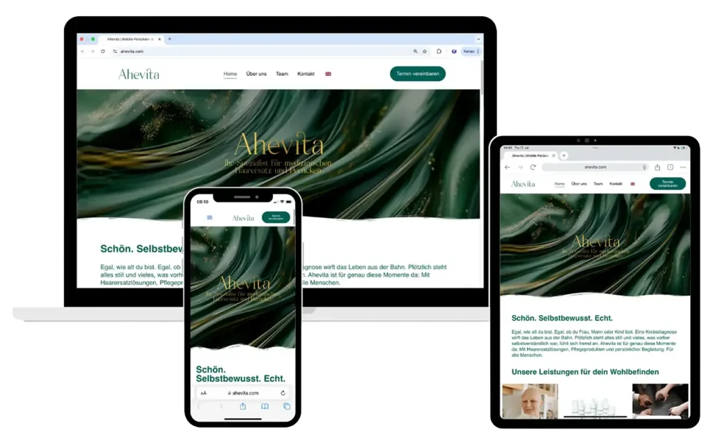 Darstellung der responsiven Ahevita-Website auf Laptop, Tablet und Smartphone – moderner Webauftritt für ganzheitliche Gesundheitsberatung und natürliche Pflegeprodukte.