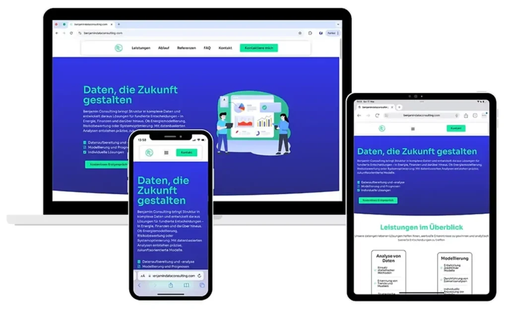 Mockup der responsiven Website von Benjamin Data Consulting auf verschiedenen Endgeräten – professionelle Weblösung für datengetriebene Unternehmensberatung.