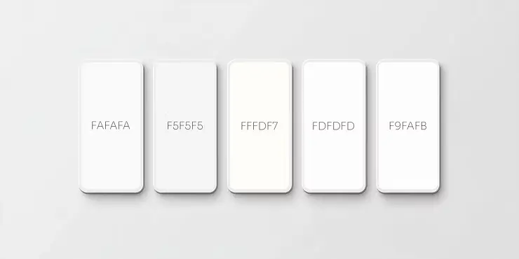 Alle fünf Off-White-Farben nebeneinander – moderne Alternativen zu Reinweiß für Websites und UI-Design (#FAFAFA, #F5F5F5, #FFFDF7, #FDFDFD, #F9FAFB)