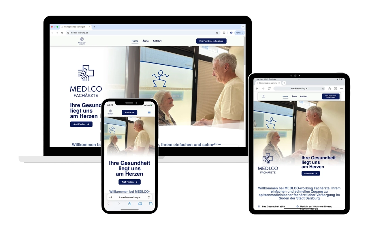 Website für MEDI.CO umgesetzt von BSC Webdesign – moderner Webauftritt für eine Facharztpraxis mit Fokus auf Vertrauen und Erreichbarkeit.