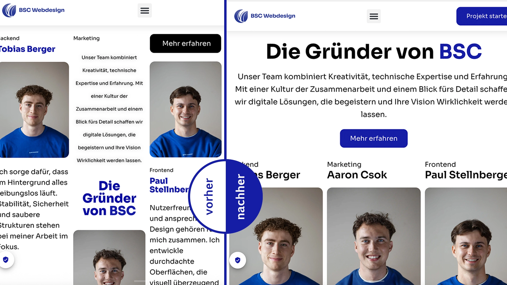 Vorher-Nachher-Vergleich einer Website-Oberfläche: links altes Layout, rechts modernes Interface-Design von BSC Webdesign mit klarer Struktur und optimierten Farben