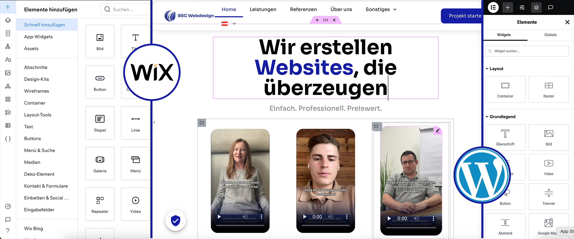 Vergleich zwischen Wix und WordPress: Zwei Website-Editoren nebeneinander, die Unterschiede im Aufbau und Design-Interface zeigen