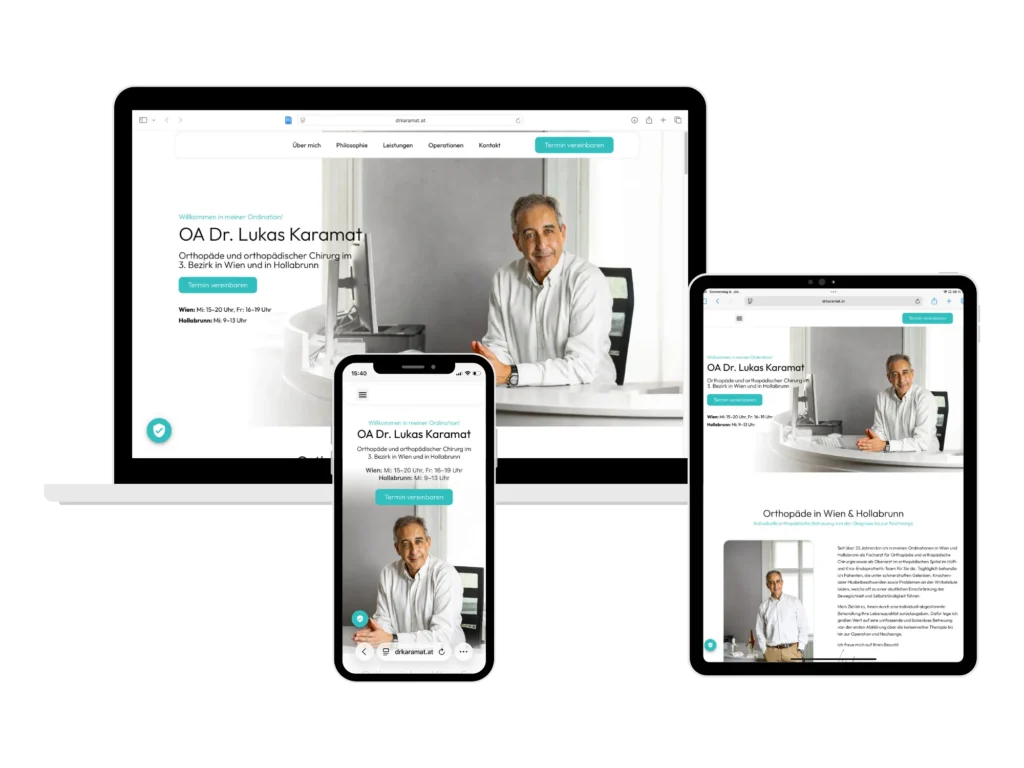 Mockup der Website von Dr. Karamat auf Desktop, Tablet und Smartphone – moderner, seriöser Webauftritt für eine orthopädische Facharztpraxis.