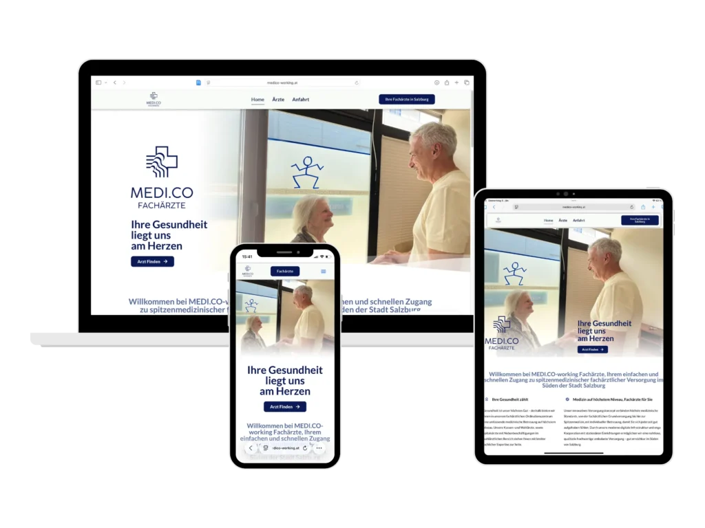 Responsive Website von MEDI.CO Fachärzte auf Laptop, Smartphone und Tablet – modernes Webdesign für eine medizinische Gemeinschaftspraxis mit Fokus auf Gesundheit und Menschlichkeit.