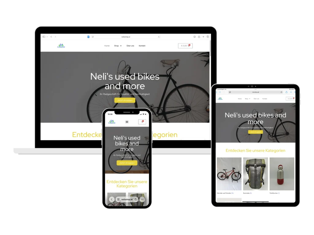 Responsive Onlineshop von Neli’s used bikes and more auf Laptop, Smartphone und Tablet – nachhaltiger Webshop für gebrauchte Fahrräder und umweltfreundliche Produkte.