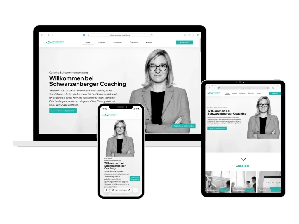 Mockup der Website von Schwarzenberger Coaching, dargestellt auf Laptop, Smartphone und Tablet, um responsives Webdesign zu zeigen.