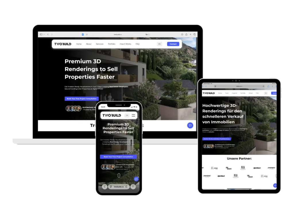 Responsive Website von TwoBuild auf Laptop, Smartphone und Tablet – modernes Webdesign für 3D-Renderings im Immobilienbereich.
