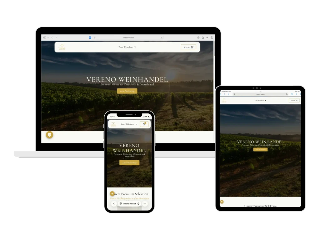 Mockup der Website von Vereno Weinhandel auf Desktop, Tablet und Smartphone – moderner Webauftritt für hochwertigen Online-Weinhandel.